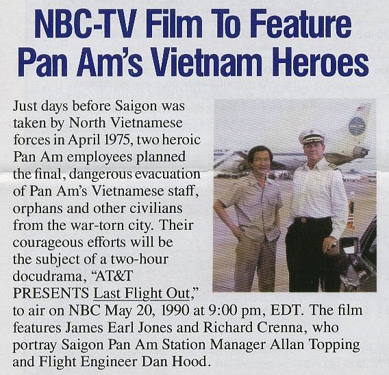 1990, May 20, Article on the film Last Flight Out which was based on actual events surrounding the last Pan Am flight out of Saigon in 1975.